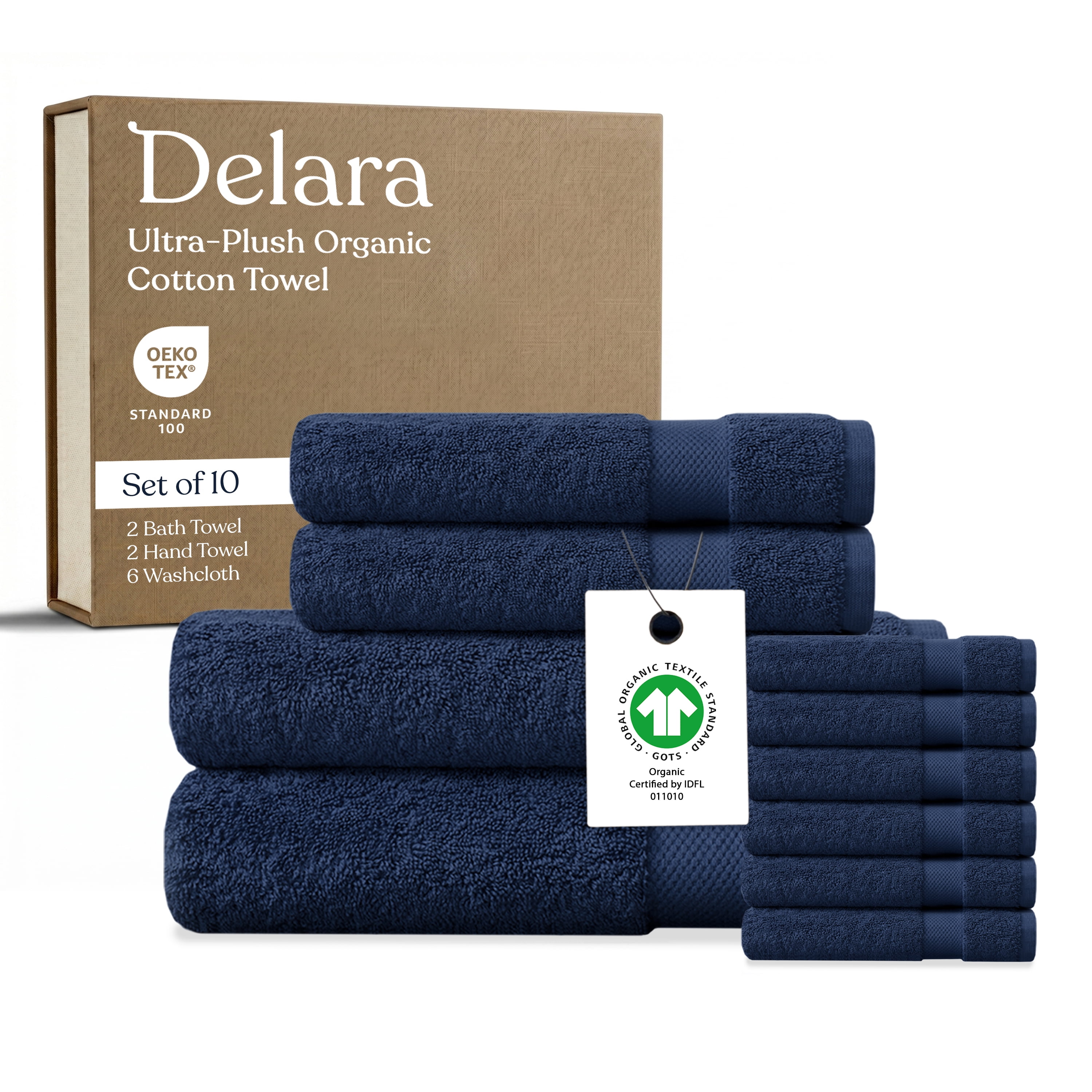 Delara 10-Piece Organic Cotton Towel Set, 650 GSM Luxury Plush, Quick Dry & Ultra-Absorbent, GOTS & OEKO-TEX Certified, Navy Blue