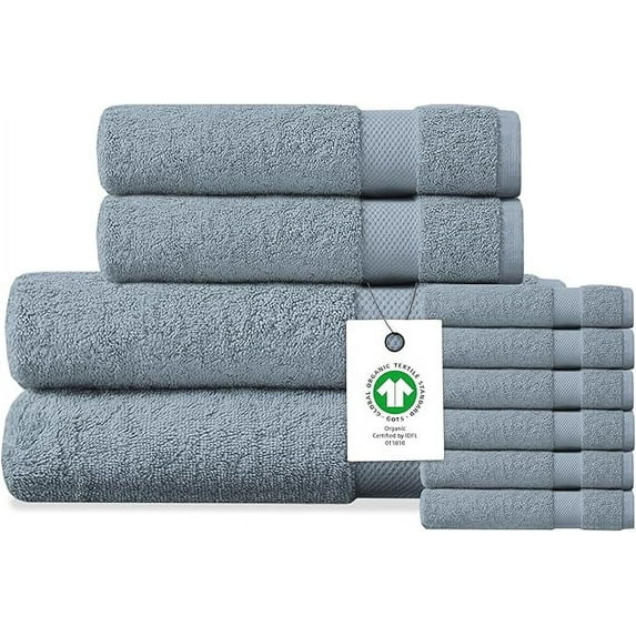 Delara 10-Piece Organic Cotton Bath Towel Set, 650 GSM Luxury Plush, Quick Dry & Ultra-Absorbent, GOTS & OEKO-TEX Certified, Light Blue