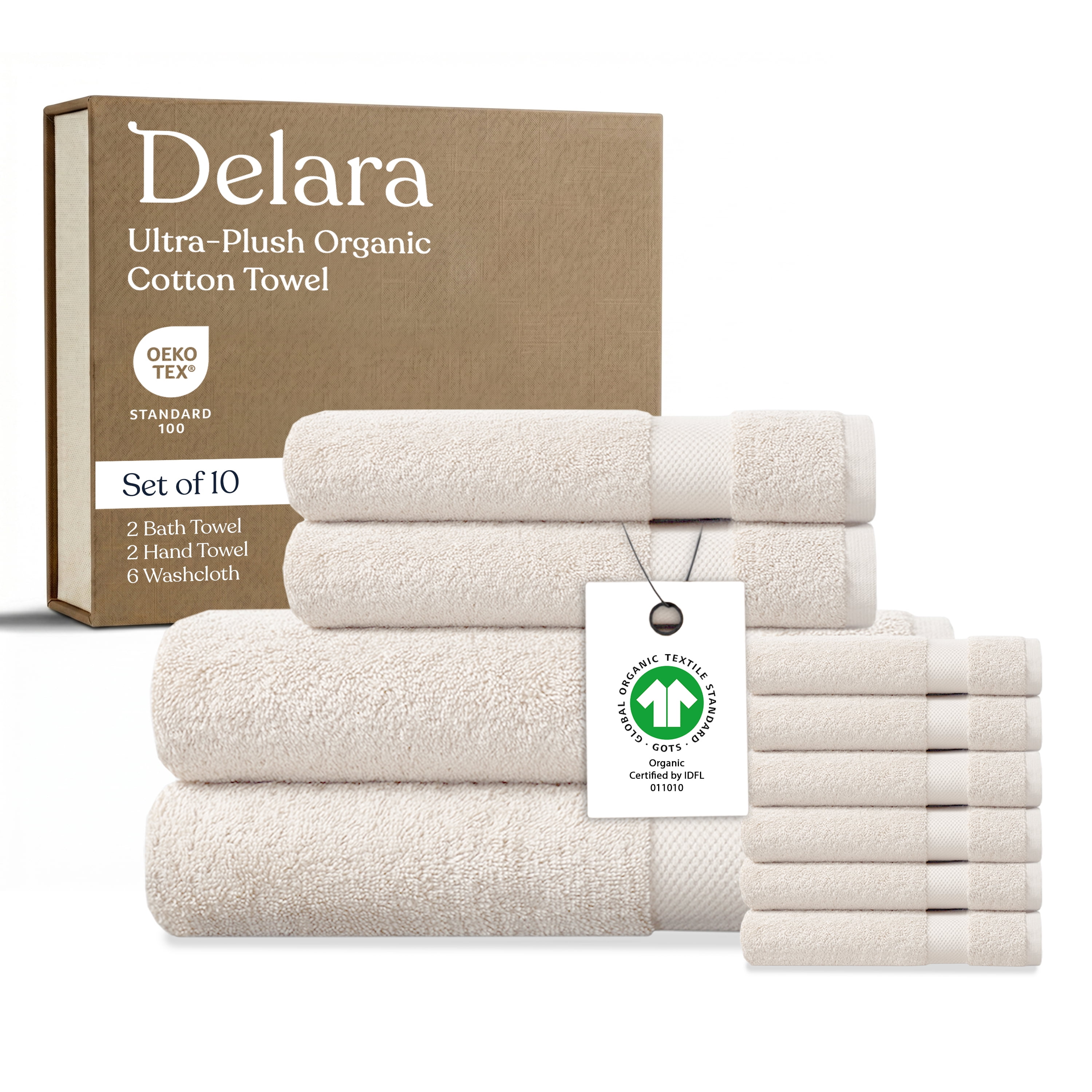 Delara 10-Piece Organic Cotton Towel Set, 650 GSM , Quick Dry & Ultra-Absorbent, GOTS & OEKO-TEX Certified, Ivory