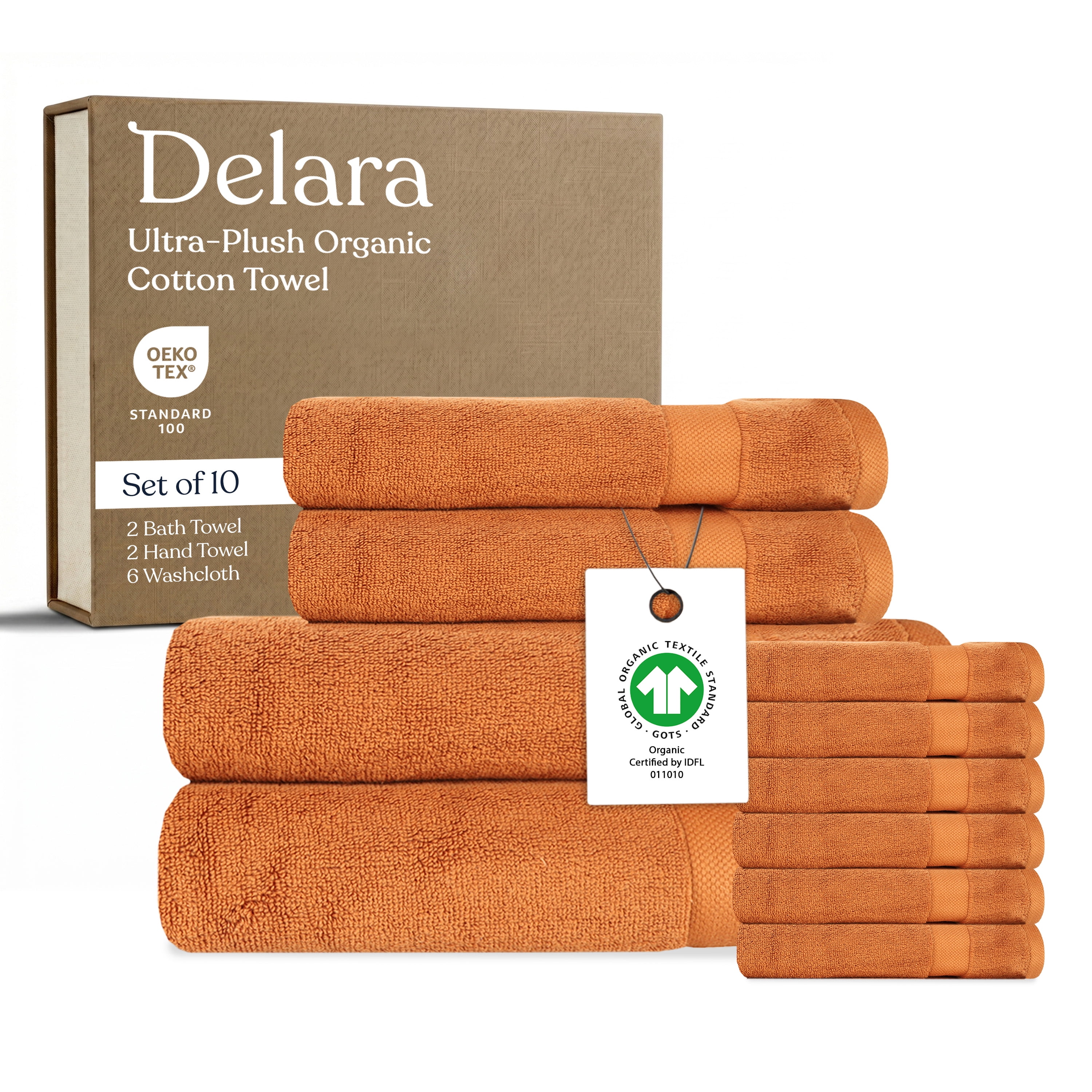 Delara 10-Piece Organic Cotton Towel Set 650 GSM Luxury Plush Quick Dry Ultra-Absorbent Gots & Oeko-tex Certified Burnt Caramel