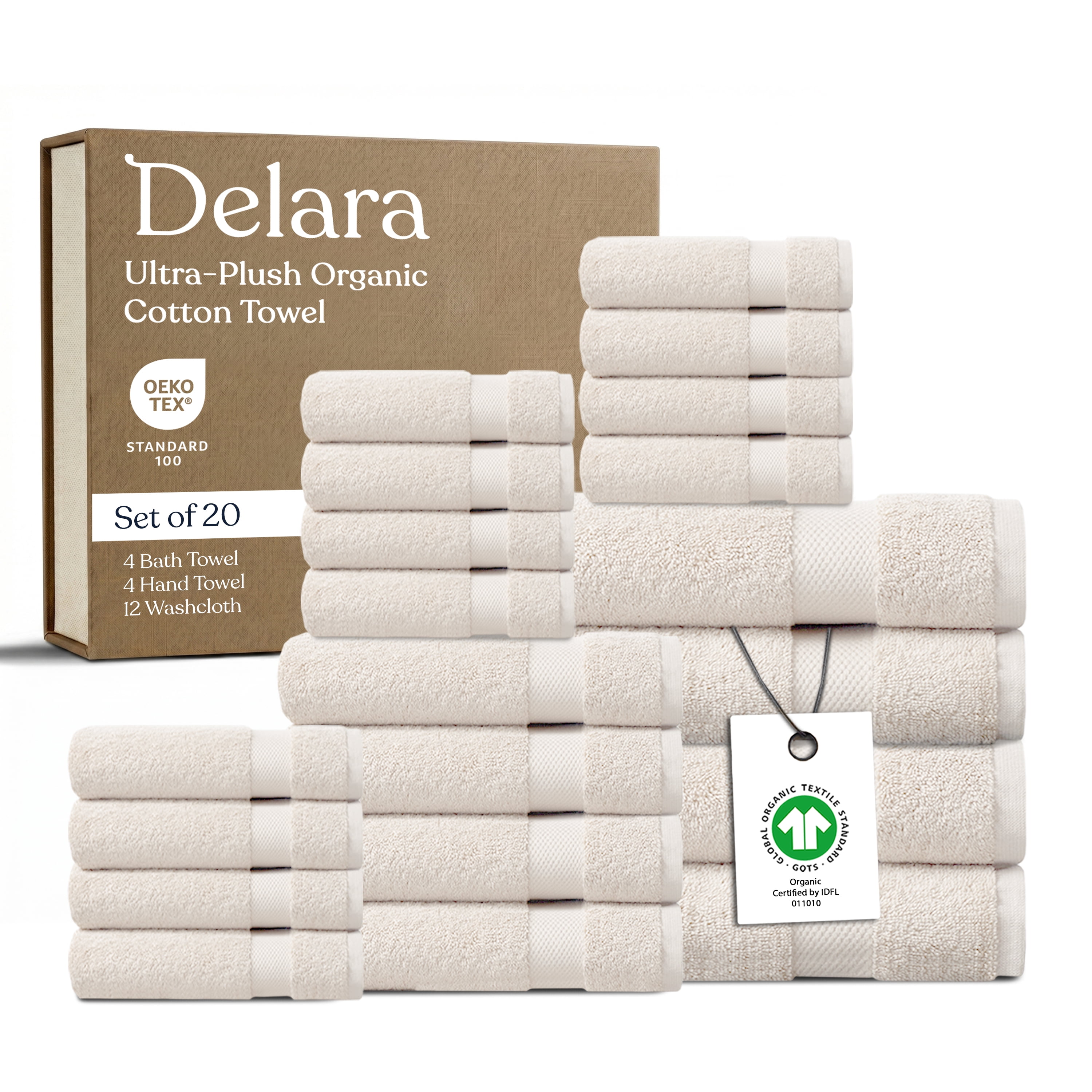 Delara 20-Piece Organic Cotton Towel Set, 650 GSM Luxury Plush, Quick Dry & Ultra-Absorbent, GOTS & OEKO-TEX Certified, Ivory