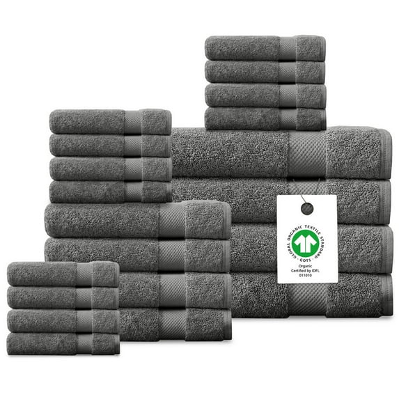 Delara 20-Piece Organic Cotton Bath Towel Set, 650 GSM Luxury Plush, Quick Dry & Ultra-Absorbent, GOTS & OEKO-TEX Certified, Dark Gray