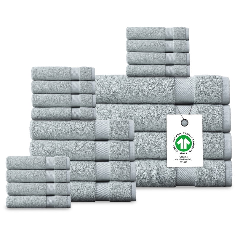Delara 20-Piece Organic Cotton Towel Set, 650 GSM Luxury Plush, Quick Dry & Ultra-Absorbent, GOTS & OEKO-TEX Certified, Light Blue