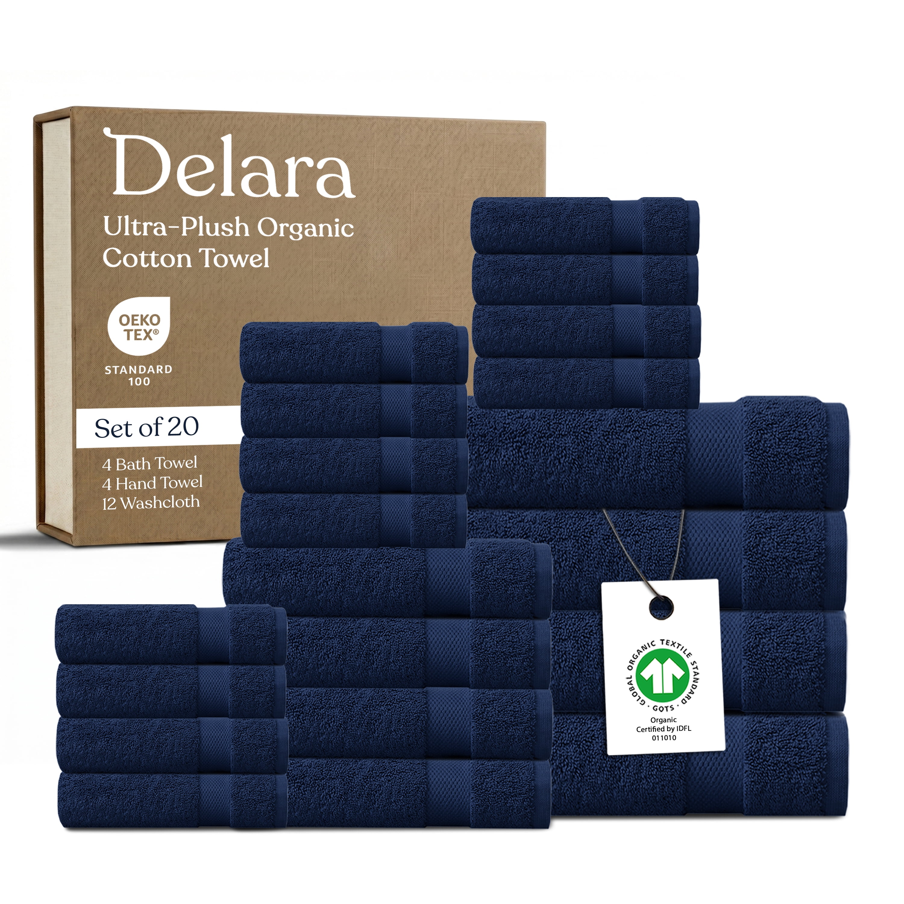 Delara 20-Piece Organic Cotton Towel Set, 650 GSM Luxury Plush, Quick Dry & Ultra-Absorbent, GOTS & OEKO-TEX Certified, Navy Blue