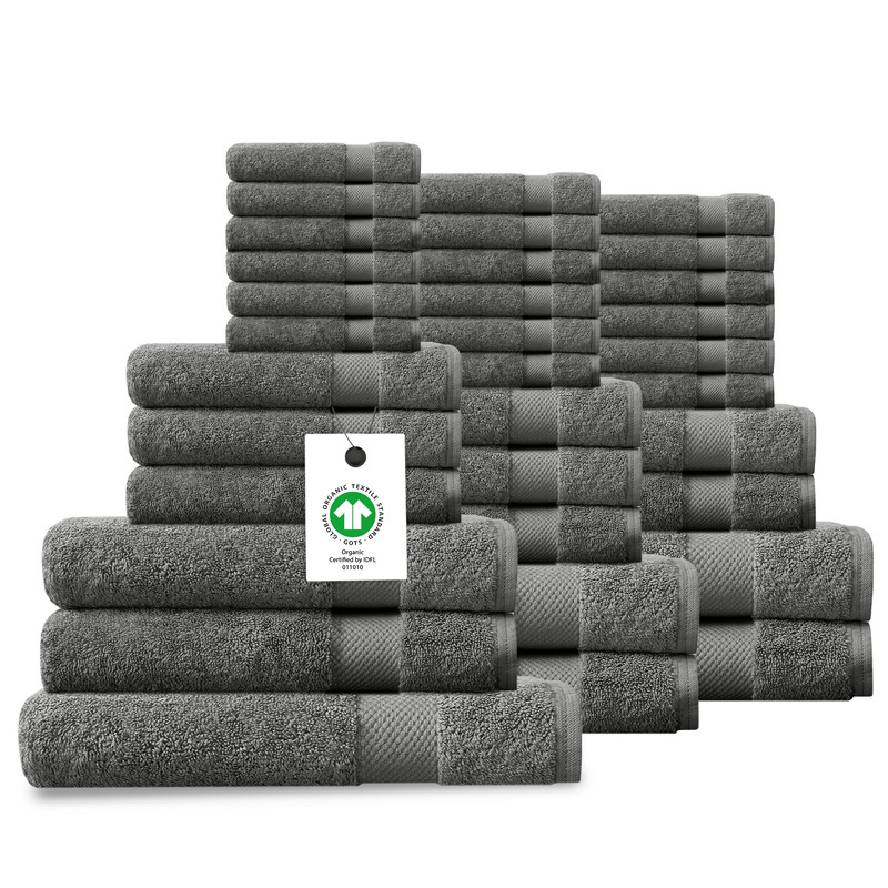 Delara 33-Piece Organic Cotton Towel Set, 650 GSM Luxury Plush, Quick Dry & Ultra-Absorbent, GOTS & OEKO-TEX Certified, Dark Gray