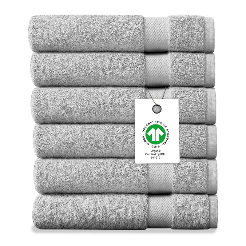 Delara 100% Organic Cotton Washcloths 6-Pack, 13x13 Inches, 650 GSM, Ultra-Absorbent, GOTS & OEKO-TEX, Light Grey