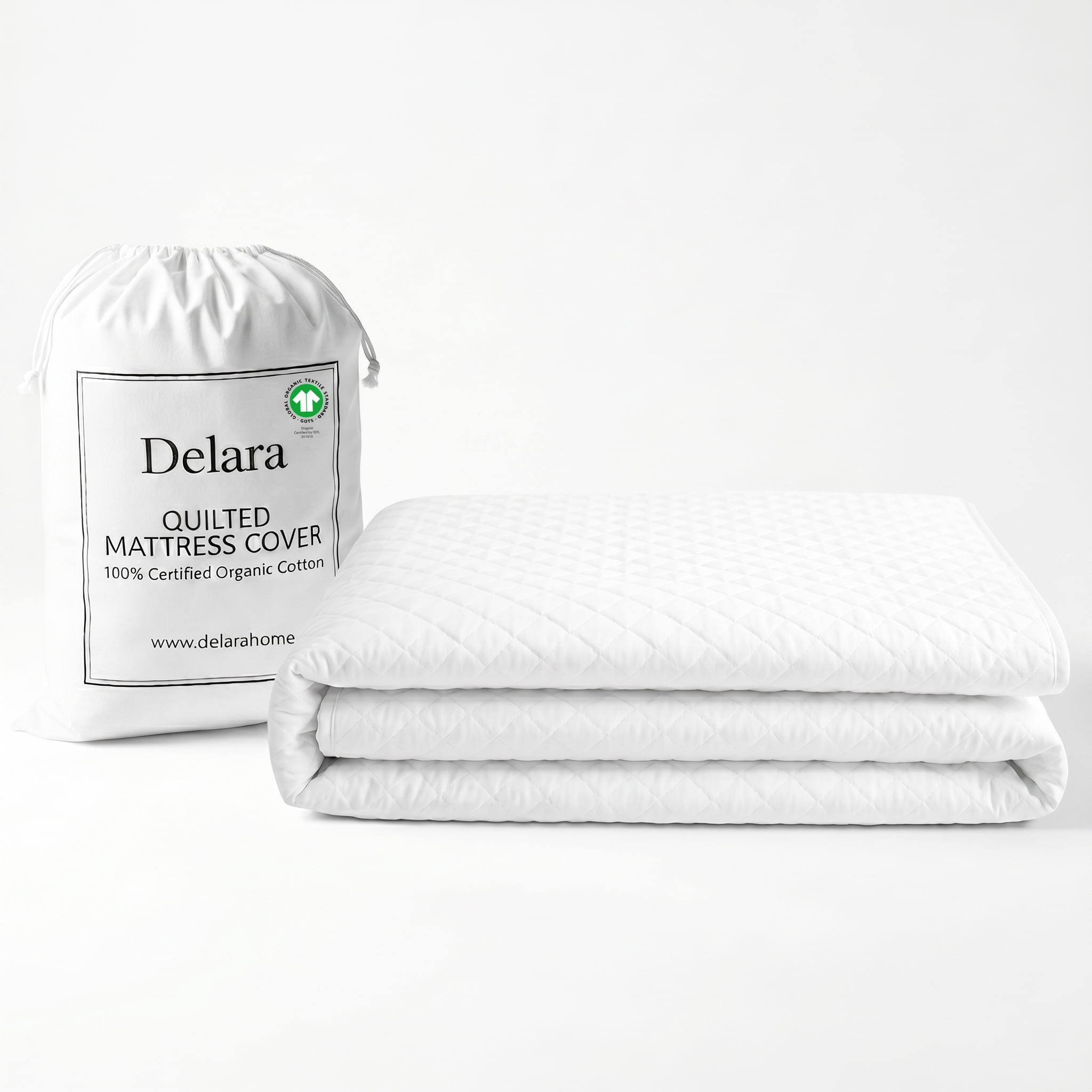 Delara Quilted Cotton Mattress Pad Cover, 100% GOTS Certified Organic Cotton Shell & Fill, 400TC, 300 GSM, 0.25" Cushioned Protection, Breathable, Machine Washable, Deep Pocket 18" - Queen 60"×80"