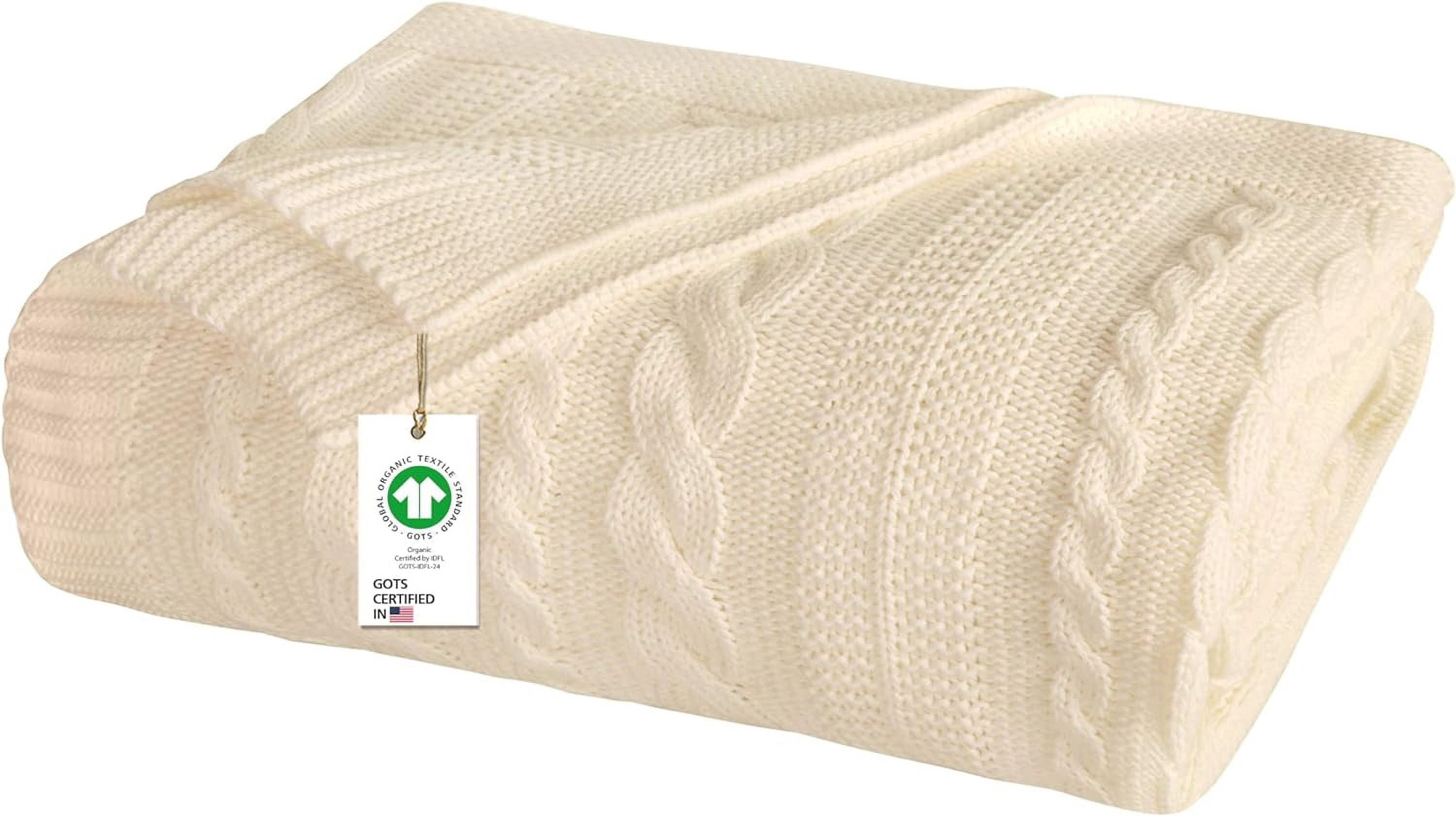 Delara Organic Cotton Throw Blanket 50x70 inches, GOTS Certified Cable Knitted Throws Blanket for Sofa Couch Bed, Baby Nursery, Lightweight Cozy Warm Decorative Blanket All Season Use