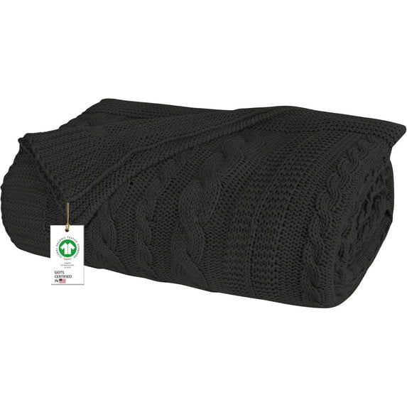 Delara Organic Cotton Throw Blanket 50x70 inches, GOTS Certified Cable Knitted Throws Blanket for Sofa Couch Bed, Baby Nursery, Lightweight Cozy Warm Decorative Blanket All Season Use