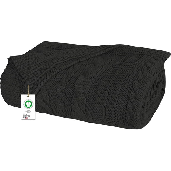 Delara Organic Cotton Throw Blanket 50x70 inches, GOTS Certified Cable Knitted Throws Blanket for Sofa Couch Bed, Baby Nursery, Lightweight Cozy Warm Decorative Blanket All Season Use