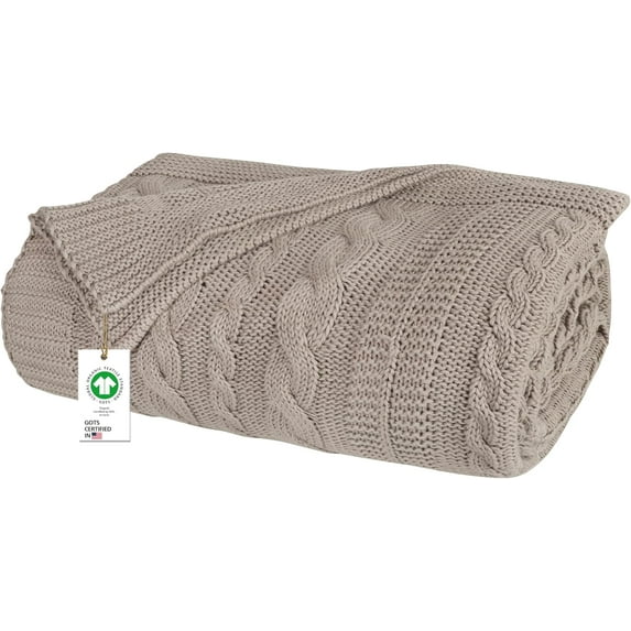Delara Organic Cotton Throw Blanket 50x70 inches, GOTS Certified Cable Knitted Throws Blanket for Sofa Couch Bed, Baby Nursery, Lightweight Cozy Warm Decorative Blanket All Season Use