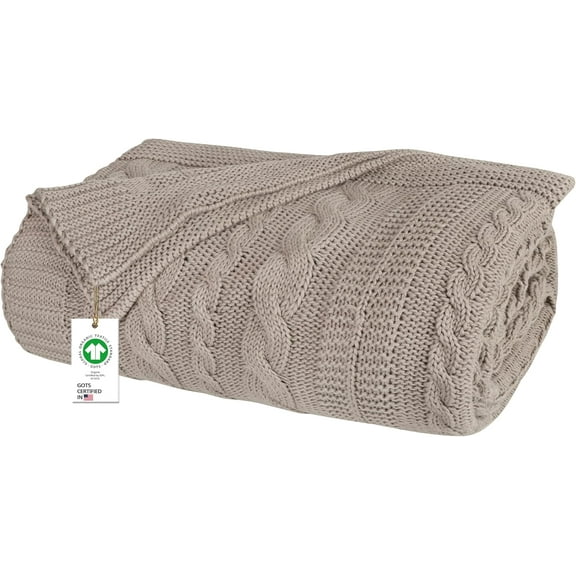 Delara Organic Cotton Throw Blanket 50x70 inches, GOTS Certified Cable Knitted Throws Blanket for Sofa Couch Bed, Baby Nursery, Lightweight Cozy Warm Decorative Blanket All Season Use