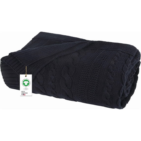 Delara Organic Cotton Throw Blanket 50x70 inches, GOTS Certified Cable Knitted Throws Blanket for Sofa Couch Bed, Baby Nursery, Lightweight Cozy Warm Decorative Blanket All Season Use