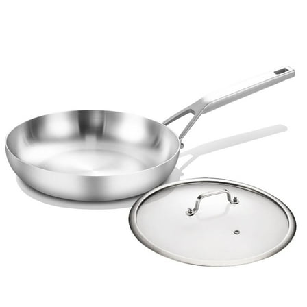 DELARLO 12-Inch Tri-Ply Stainless Steel Frying Pan with Lid, Oven Safe, Induction Suitable