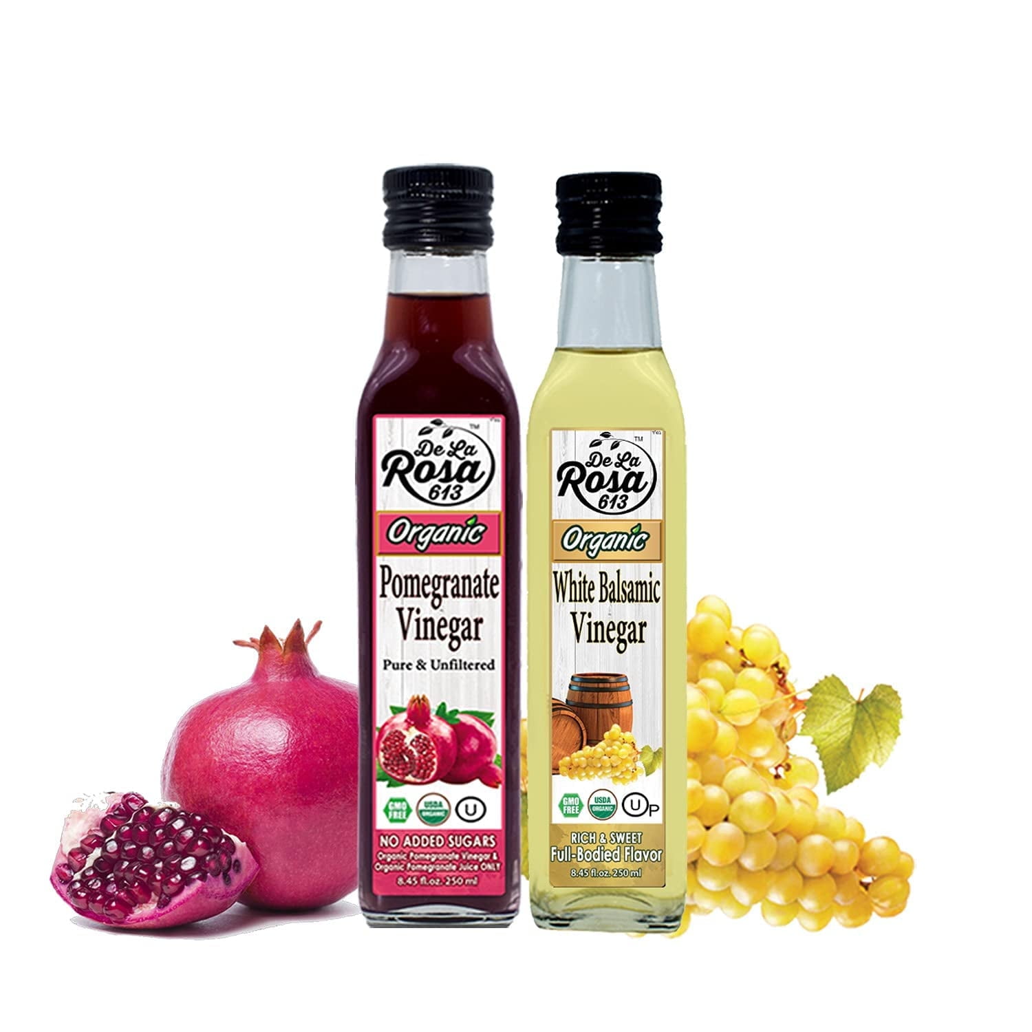 Delarosa613 Organic Pomegranate and White Balsamic Vinegar, Glass Bottle, 2 Pack, 8.45 oz