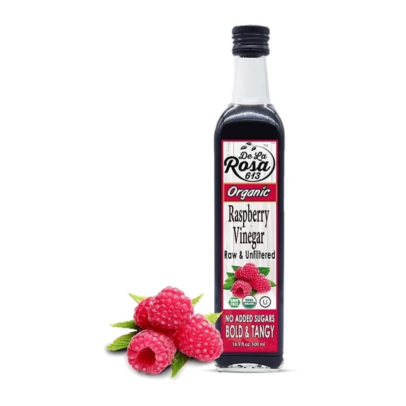 De La Rosa Organic Raspberry Vinegar, Raw & Unfiltered, Vegan, Gluten Free & Kosher, Great for Dressing and Marinades 16.9 oz (pack of 1)