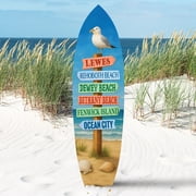 Delaware Beaches Surfboard Wall Art   Coastal Directional Sign with Lewes, Rehoboth, Bethany, Dewey, Fenwick & Ocean City, Nautical Beach