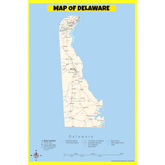 Delaware Map Poster - Laminated Wall Map - Style B - 24x36 - Ideal for Classrooms and Homes – Features Bright Colors and Vivid Imagery