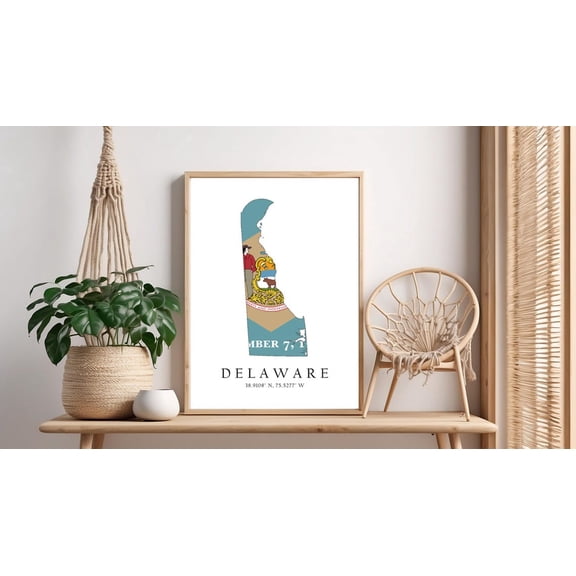 Delaware Map Poster Print: State Flag Latitude Longitude Coordinates