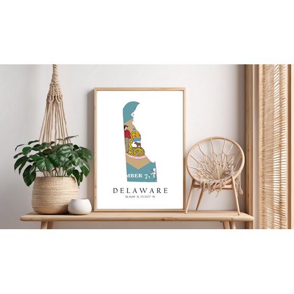 Delaware Map State Flag Latitude Longitude Coordinates Decorative Wall Art Poster , Poster Print Only