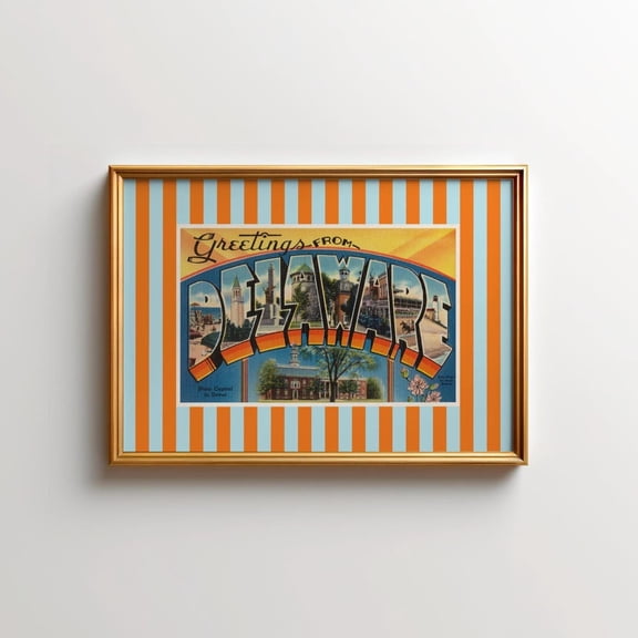 Delaware Print Vintage De Print Retro Artwork Horizontal Orange Blue Delaware Wall Art Striped Trendy Dorm Decor Home Decor #518, Unframed Poster Size 8x12