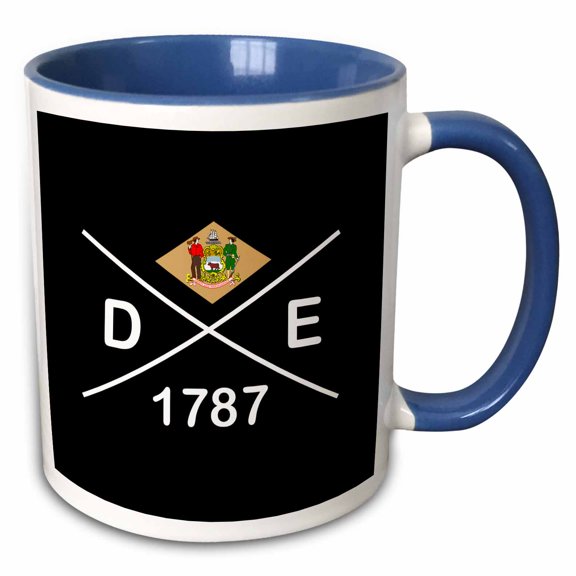 3drose, Delaware State Abbreviation, Statehood, Flag Art on Black Background., 11oz Two-tone Blue Mug