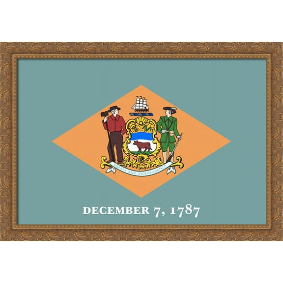 Delaware State Flag Art 40x28 Large Gold Ornate Wood Framed Canvas Art