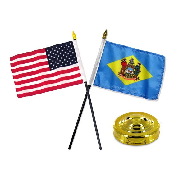Delaware State w/ USA America American Flag 4"x6" Desk Set Gold Base