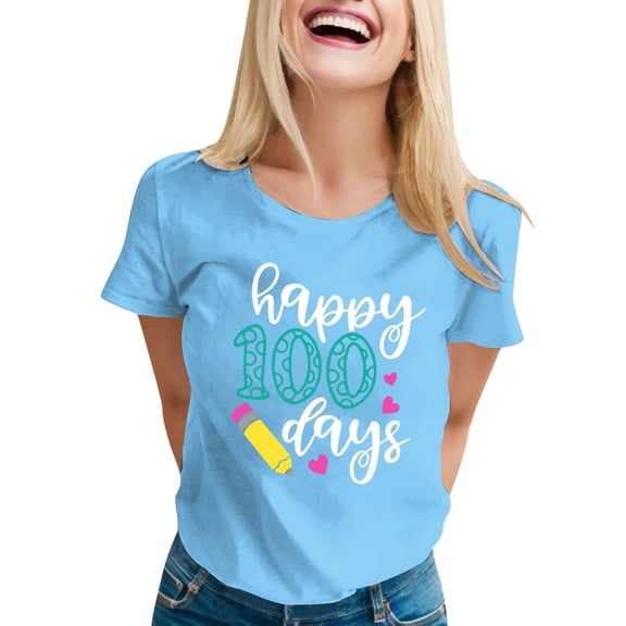 Delayuji 100 Days of School Shirt Women Teacher Tshirts Happy 100Th Days Shirt Celebration Appreciation Blue L Polyester,Spandex Short Sleeve Shirts for Women