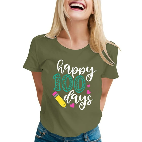 Delayuji 100 Days of School Shirt Women Teacher Tshirts Happy 100Th Days Shirt Celebration Appreciation Green L Polyester,Spandex Short Sleeve Shirts for Women