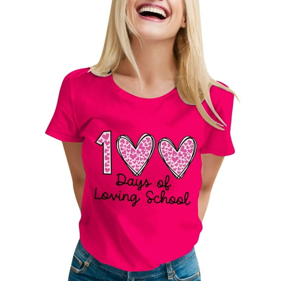 Delayuji 100 Days of School Shirt Women Teacher Tshirts Happy 100Th Days Shirt Celebration Appreciation Pink S Polyester,Spandex Short Sleeve Shirts for Women