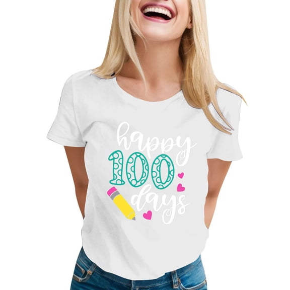 Delayuji 100 Days of School Shirt Women Teacher Tshirts Happy 100Th Days Shirt Celebration Appreciation White L Polyester,Spandex Short Sleeve Shirts for Women