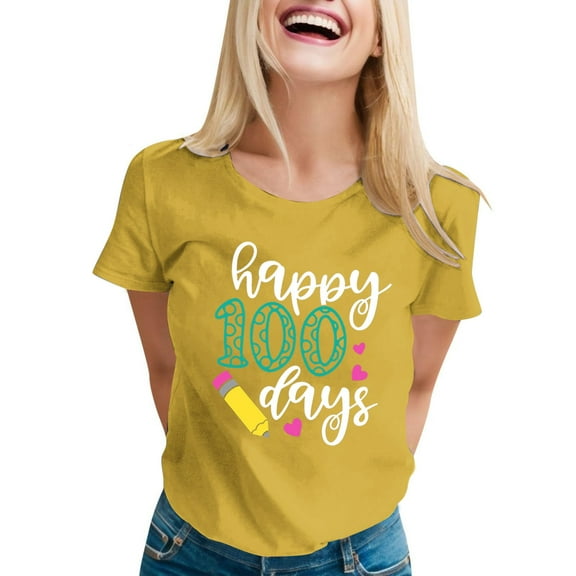 Delayuji 100 Days of School Shirt Women Teacher Tshirts Happy 100Th Days Shirt Celebration Appreciation Yellow L Polyester,Spandex Short Sleeve Shirts for Women