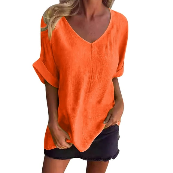 Delayuji 3/4 Sleeve Shirts for Women Casual Loose V Neck Women Tops and Blouse 2025 New Spring Summer Trendy Orange L Polyester,Spandex Short Sleeve Shirts for Women