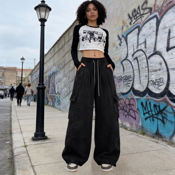 Delayuji Baggy Cargo Pants For Women Wide Leg Pants High Waisted Elastic Casual Pants Spring