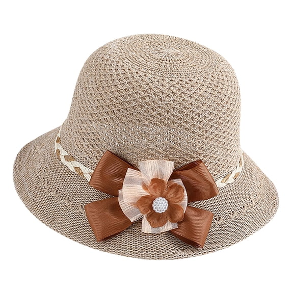 Delayuji Bucket Hat for Women French Retro Woven Handmade Ruffled Bow Foldable Breathable Wide Brim UV Protection Summer Travel beach hat Daily Outdoor Hat