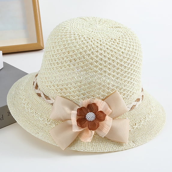 Delayuji Bucket Hat for Women French Retro Woven Handmade Ruffled Bow Foldable Breathable Wide Brim UV Protection Summer Travel beach hat Daily Outdoor Hat
