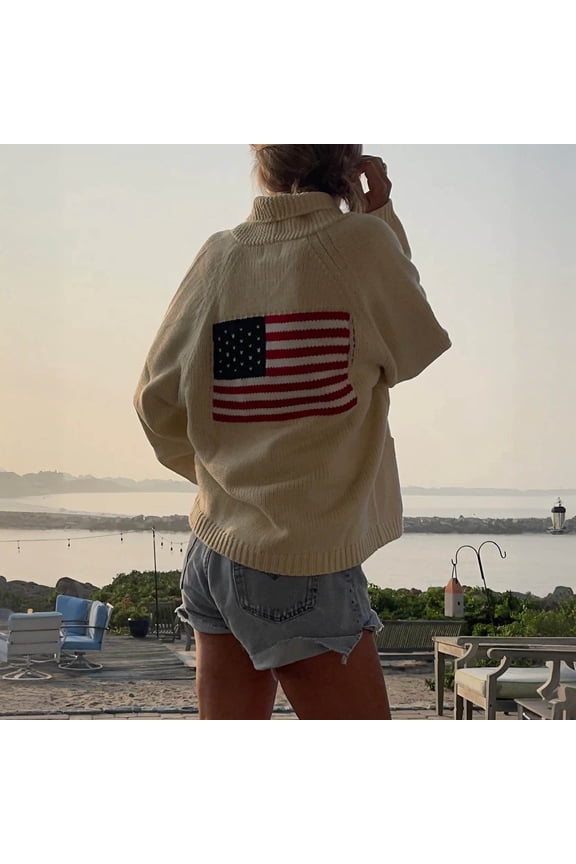 Cardigan Sweaters For Women American Flag Print Cardigan Sweaters Y2k Long Sleeve Open Front Button Down Cardigans USA Flag Knit Sweater