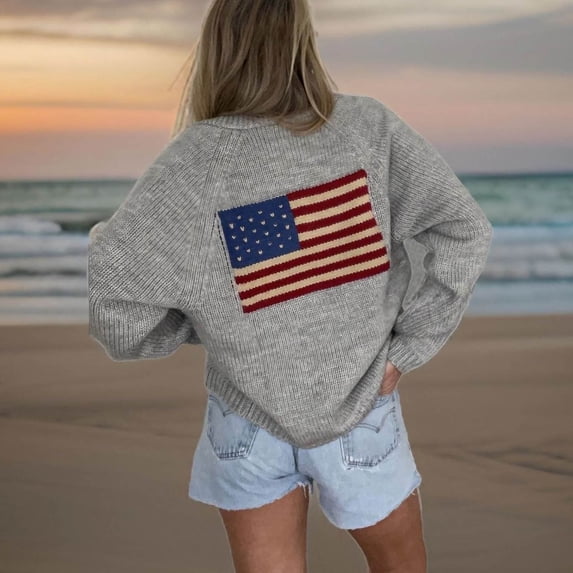 Delayuji Cardigan Sweaters For Women American Flag Print Cardigan Sweaters Y2k Long Sleeve Open Front Button Down Cardigans USA Flag Knit Sweater
