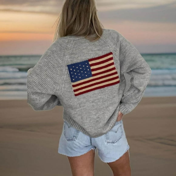 Delayuji Cardigan Sweaters For Women American Flag Print Cardigan Sweaters Y2k Long Sleeve Open Front Button Down Cardigans USA Flag Knit Sweater