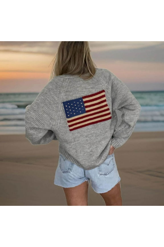 Cardigan Sweaters For Women American Flag Print Cardigan Sweaters Y2k Long Sleeve Open Front Button Down Cardigans USA Flag Knit Sweater