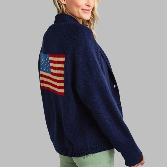 Delayuji Cardigan Sweaters For Women American Flag Print Cardigan Sweaters Y2k Long Sleeve Open Front Button Down Cardigans USA Flag Knit Sweater