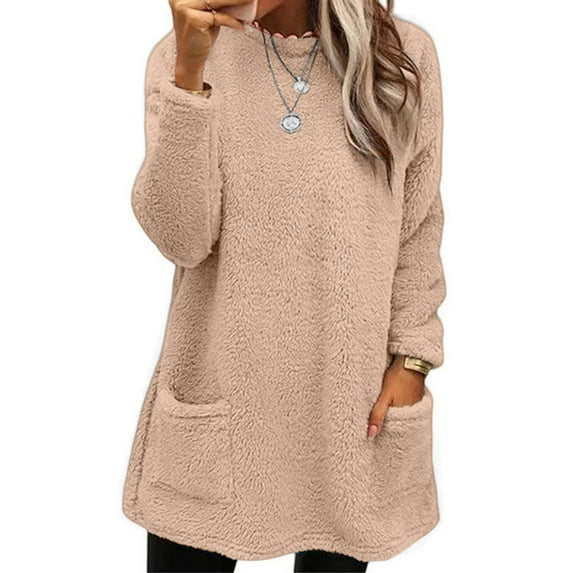 Delayuji Casual Fleece Pullover Black Crewneck Sweatshir Womens Loose Wool Jacket Long Sleeved Jumper with Pockets Casual Fleece Pullover Womens Pullover Sweatshirt Cute Fall Tops for Women Red Xl