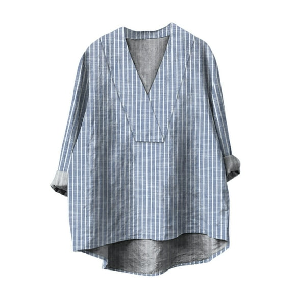 Delayuji Cotton Linen Shirts for Women 2025 V Neck Long Sleeve Tops Summer Trendy Blouses Casual Loose Tunic Tops Blue L Autumn Fragrant Linen Short Sleeve Shirts for Women