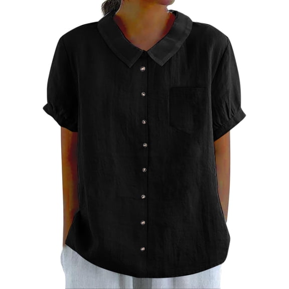 Delayuji Cotton Linen Shirts for Women Summer Short Sleeve Casual Collared Work Blouse Tunic Tops Black L Wrinkles In Wash Water Short Sleeve Shirts for Women