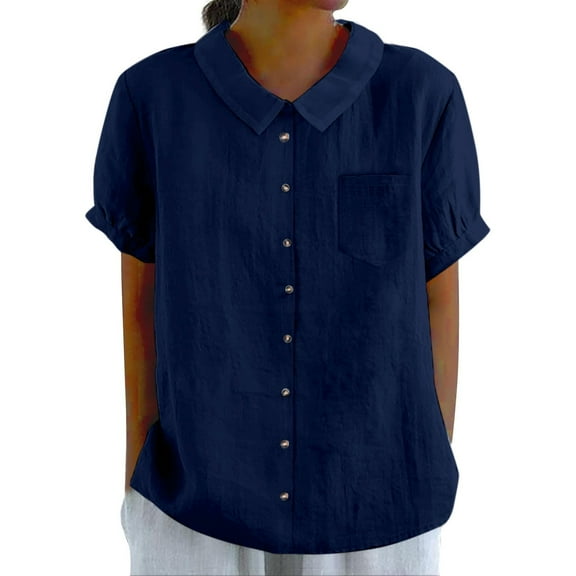 Delayuji Cotton Linen Shirts for Women Summer Short Sleeve Casual Collared Work Blouse Tunic Tops Blue L Wrinkles In Wash Water Short Sleeve Shirts for Women