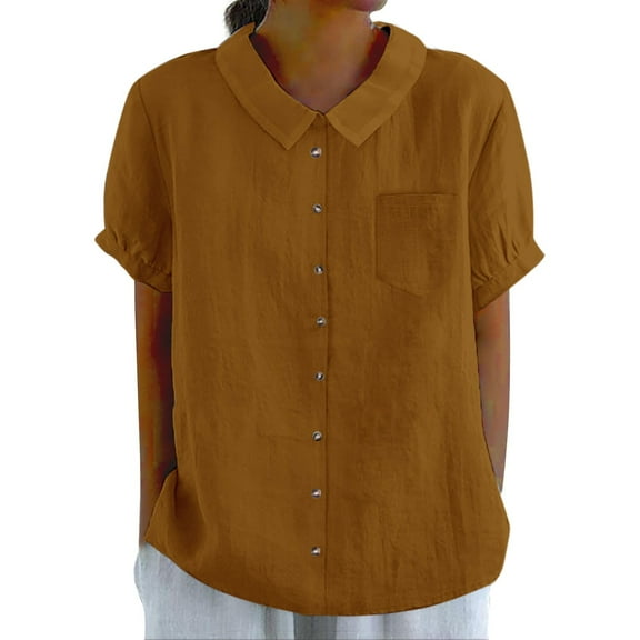 Delayuji Cotton Linen Shirts for Women Summer Short Sleeve Casual Collared Work Blouse Tunic Tops Brown M Wrinkles In Wash Water Short Sleeve Shirts for Women