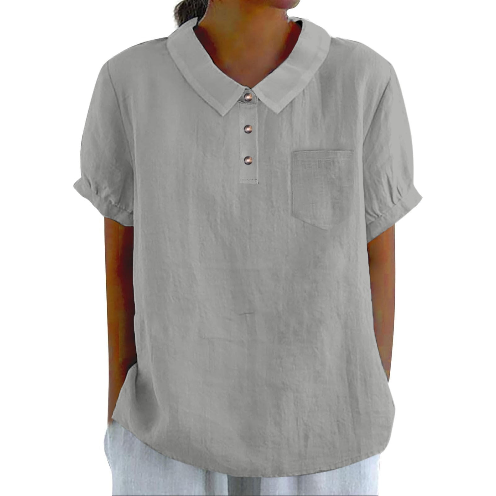 Delayuji Cotton Linen Shirts for Women Summer Short Sleeve Casual ...