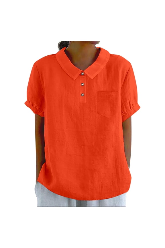 Cotton Linen Shirts for Women Summer Short Sleeve Casual Collared Work Blouse Tunic Tops Orange L Wrinkles In Wash Water Short Sleeve Shirts for Women