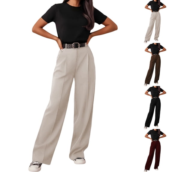 Delayuji Dressy Pant for Women Straight Leg Suit Pants Flat Front Button Loose Business Casual Work Pants Slacks High Waist Workwear Pants